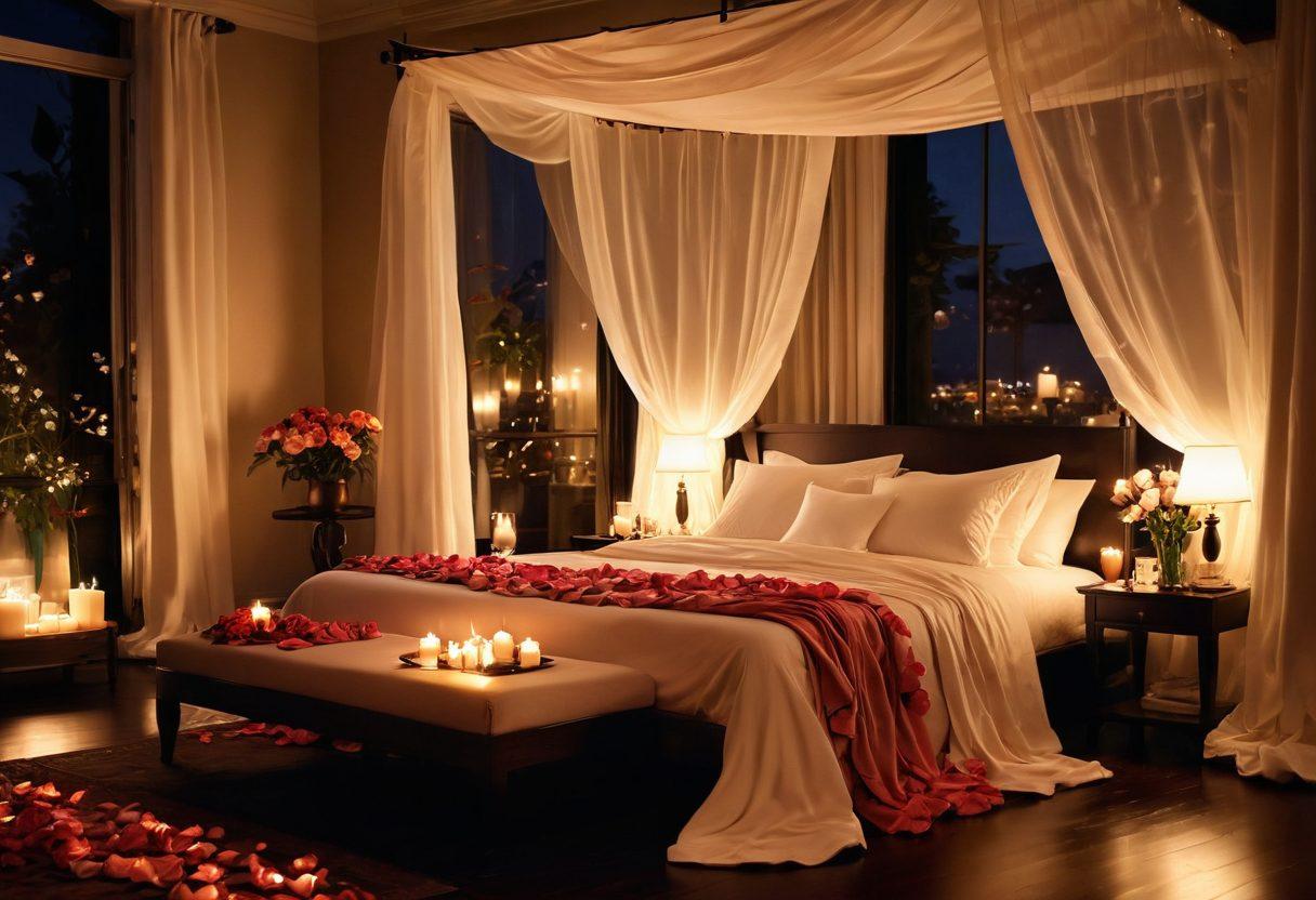 A luxurious, intimate setting featuring soft candlelight, plush pillows, and flowing silk sheets. Silhouettes of figures suggest playful interaction, surrounded by delicate rose petals and soft ambient lighting. Include hints of lush greenery for a touch of nature, conveying warmth and allure. The atmosphere should evoke feelings of desire and exploration. super-realistic. warm colors. soft focus.