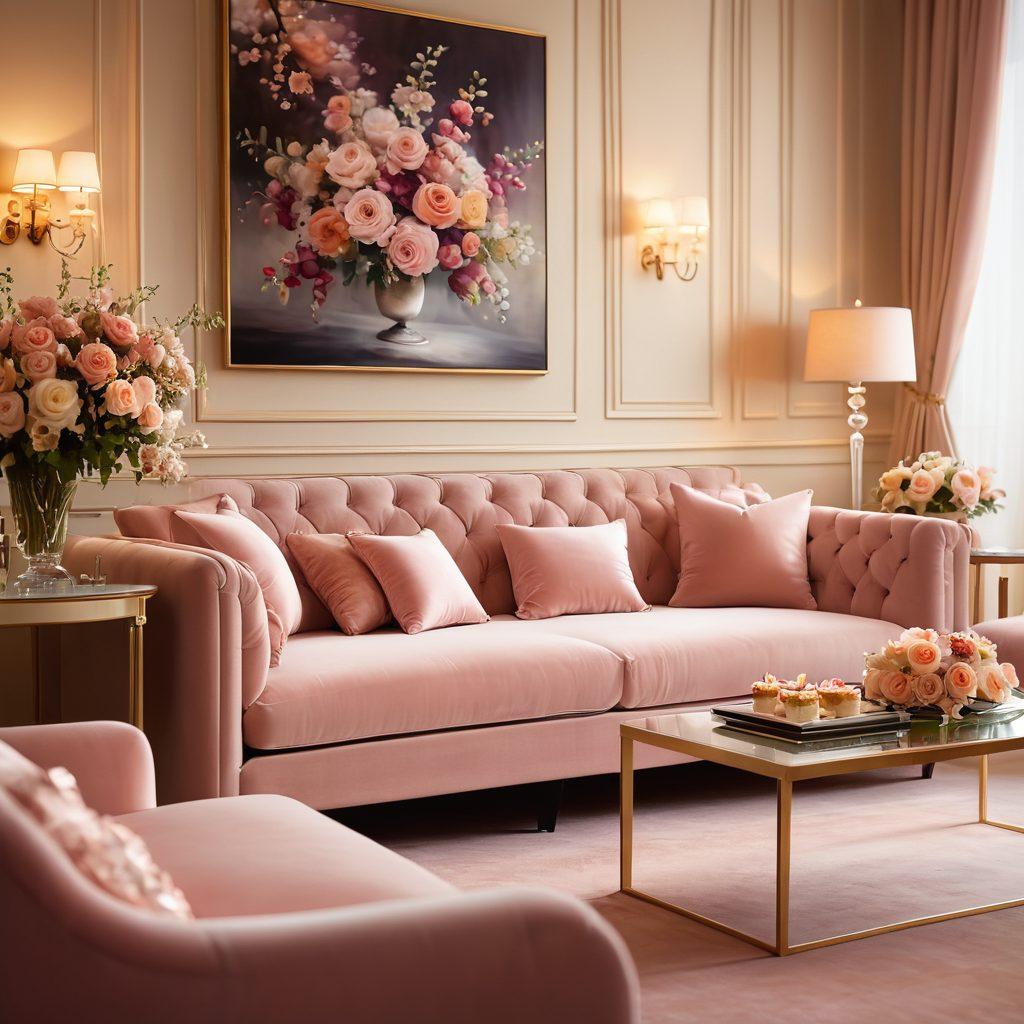 A serene and inviting lounge setting, featuring plush seating with warm, ambient lighting. Delicate, ethereal visuals of flowing silk fabrics and soft floral arrangements creating a sense of tranquility and indulgence. Subtle hints of sensuality, like a glass of sparkling wine and elegant desserts. Ethereal bokeh effects in the background to enhance the feeling of joy and pleasure. vibrant colors. super-realistic.