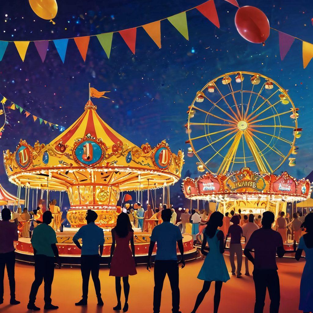 A playful scene capturing a vibrant carnival atmosphere, with colorful decorations, lively performers, and groups of friends sharing laughs and joy. Incorporate elements of entertainment like fun games, laughter, and whimsical rides, while subtly hinting at the adult themes with playful silhouettes in the background. The overall mood should be euphoric and inviting, with bright colors and joyous expressions. super-realistic. vibrant colors. 3D.